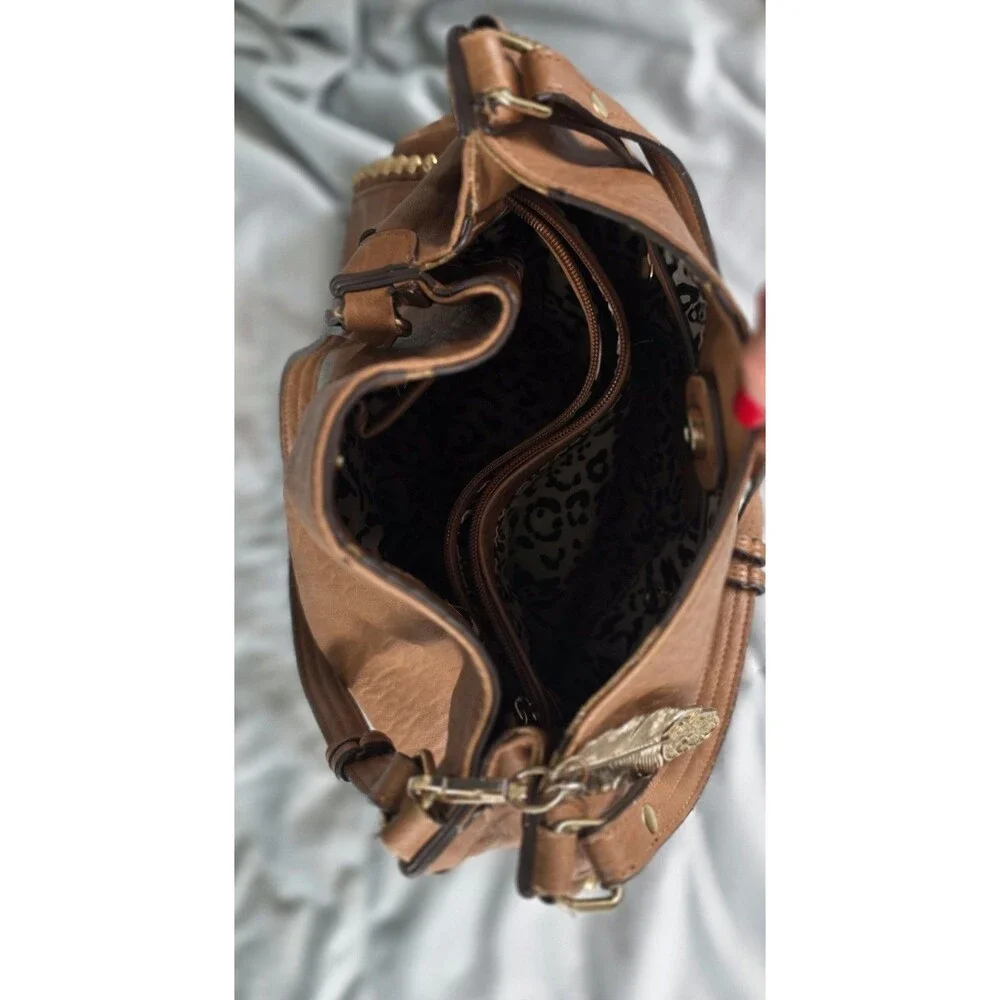 Jessica Simpson Cognac Studded Hobo Shoulder Bag Boho Y2K Feather Charm Purse